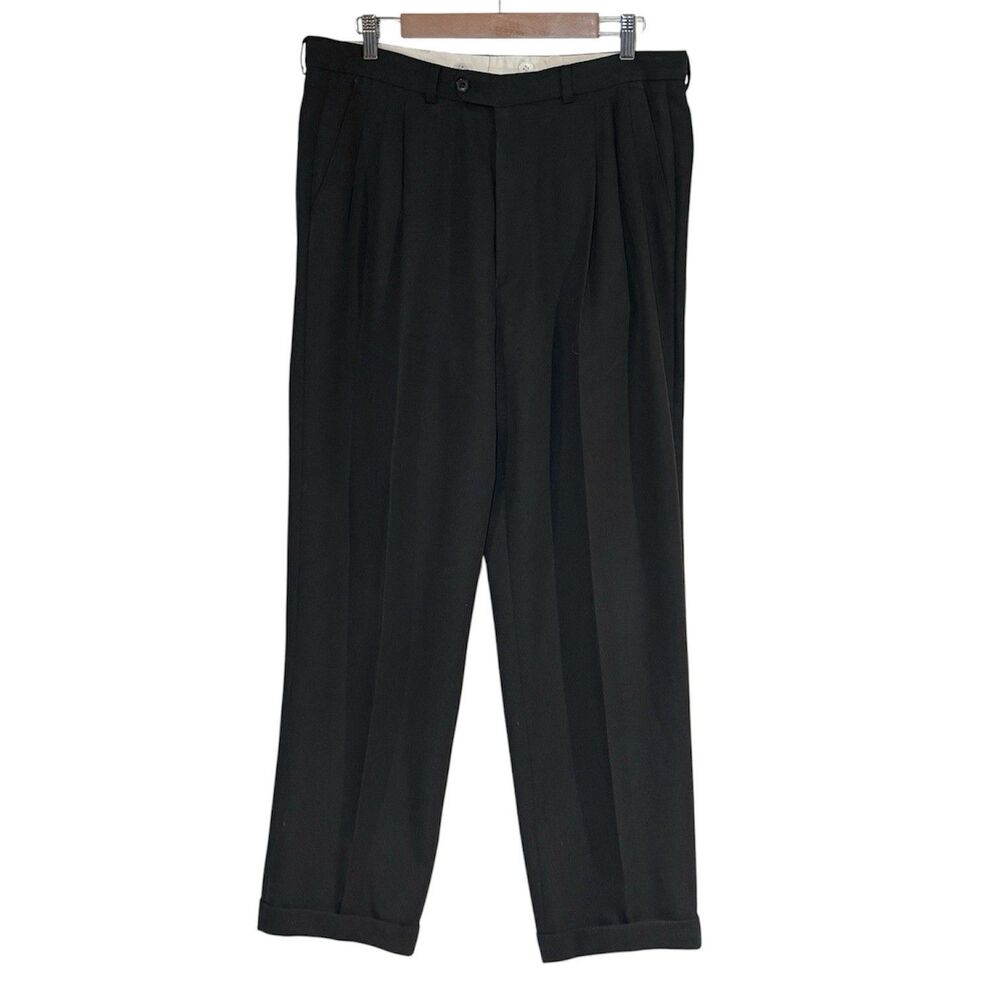 Vtg Torriani Mens Dress Pants 36x30 Black Pleated Cuffed Wool Blend